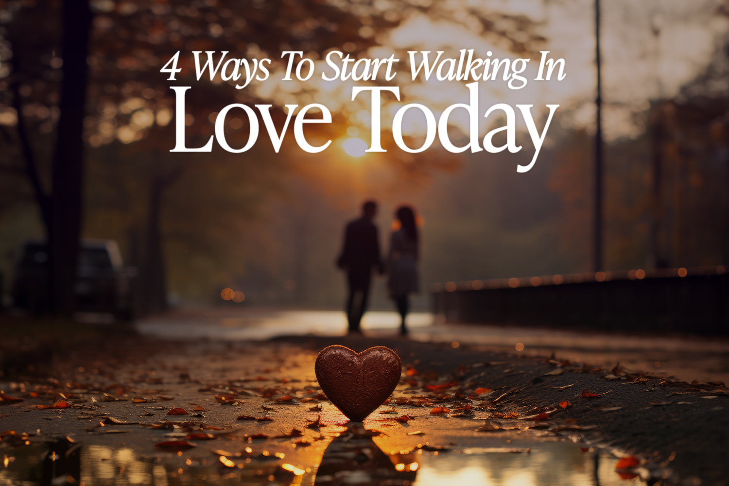 A happy couple walking on the sidewalk after a rain, at sunset