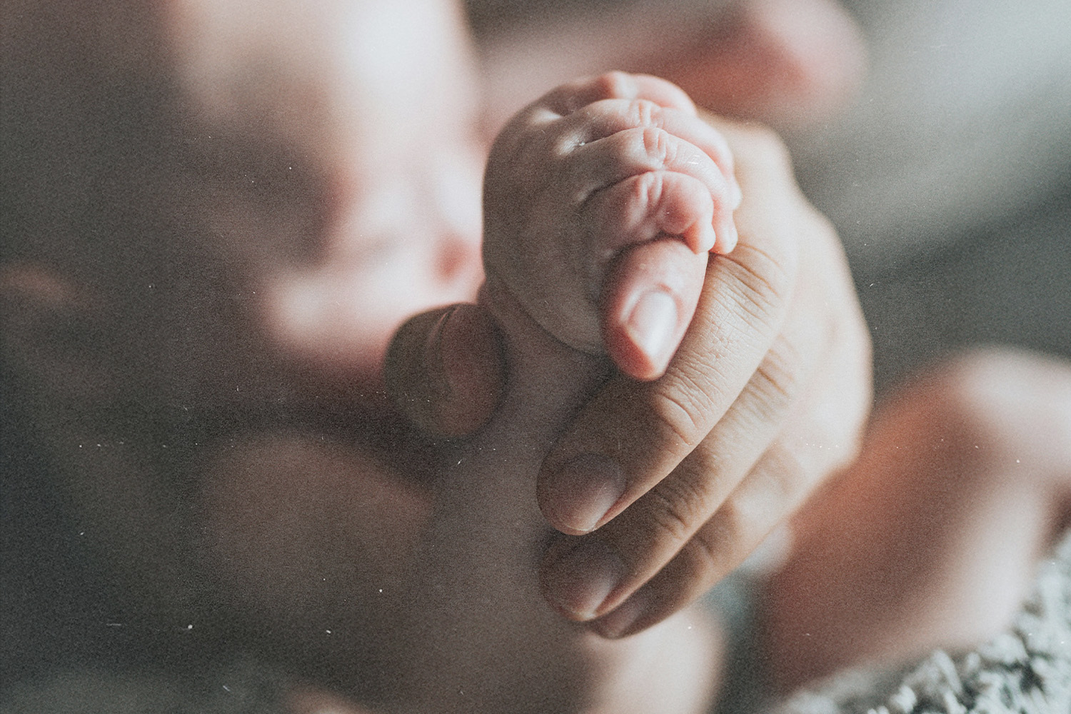 Close-up of an adult hand gently holding a newborn’s hand, symbolizing love and hope while Expecting a miracle.